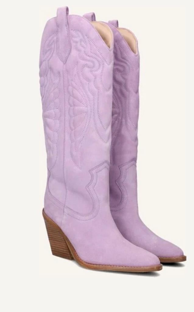 GEZOCHT: Lila suède cowboylaarzen met hak van Bronx, Ophalen of Verzenden, Zo goed als nieuw, Overige kleuren, Hoge laarzen
