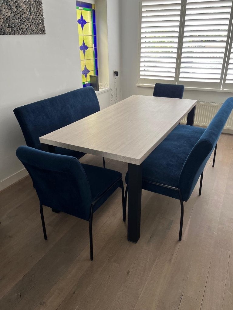 Complete eetkamerset in prijs verlaagd!, Huis en Inrichting, Complete eetkamers, Ophalen, Zo goed als nieuw, Industrieel, 4 tot 6 stoelen