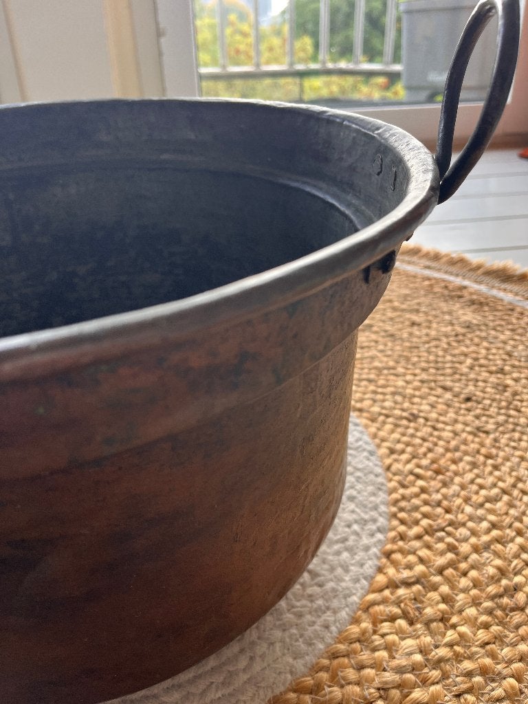Oude koperen ketel 36 cm – brocante pot met handvatten, Ophalen