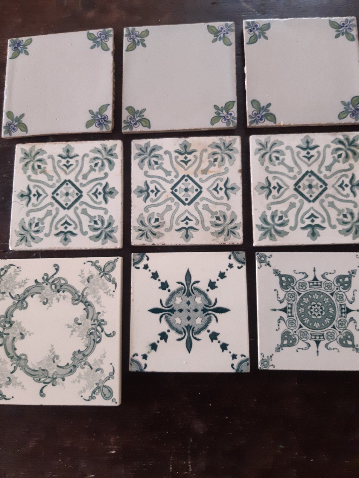 9 Art Nouveau, rond 1900, groene wandtegels, Ophalen of Verzenden