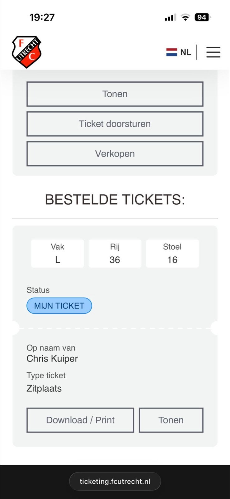 Fc utrecht go ahead kaartje bunnik-side), Tickets en Kaartjes, Seizoenskaart, Eén persoon