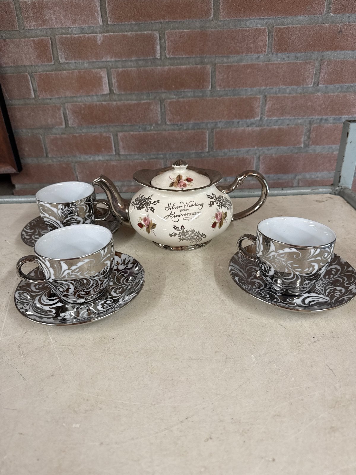 Zilveren Bruiloft Theeservies - Theepot met 3 Kopjes, Ophalen of Verzenden