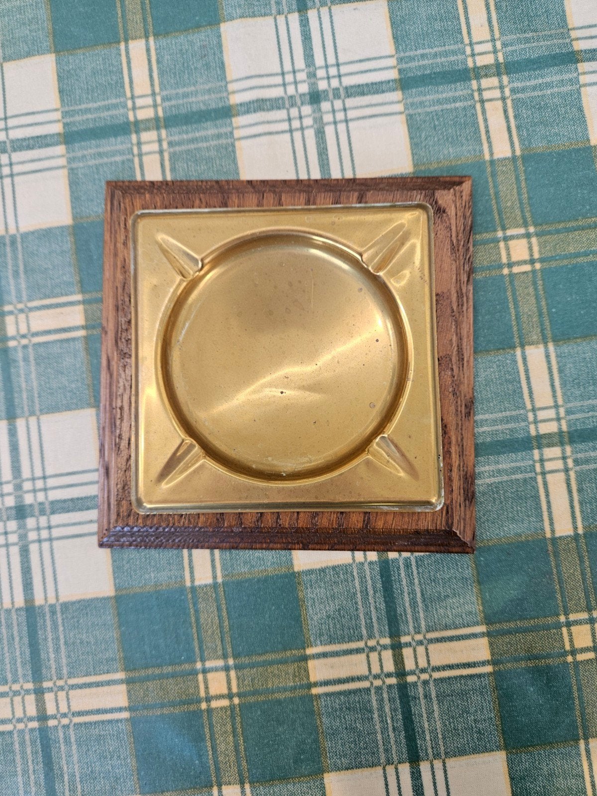 Vintage messing asbak met houten frame, Ophalen of Verzenden