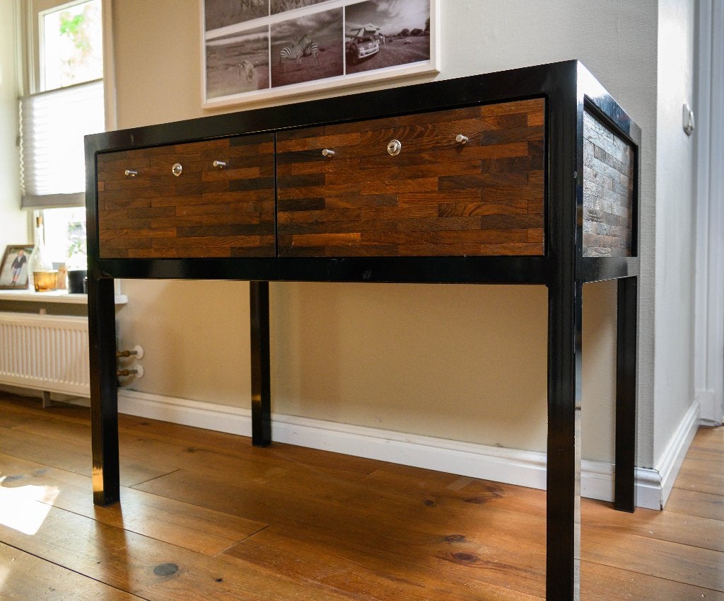 Prachtige Industriële Sidetable met Houtmozaïek (120 cm), Ophalen, Gebruikt, 100 tot 150 cm, Rechthoekig