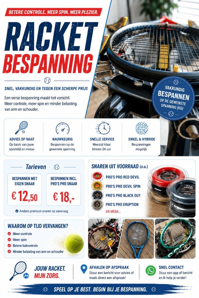 Tennisracket Bespannen  | Vanaf €18,00, Sport en Fitness, Tennis, Overige merken, L00, Nieuw, Ophalen of Verzenden