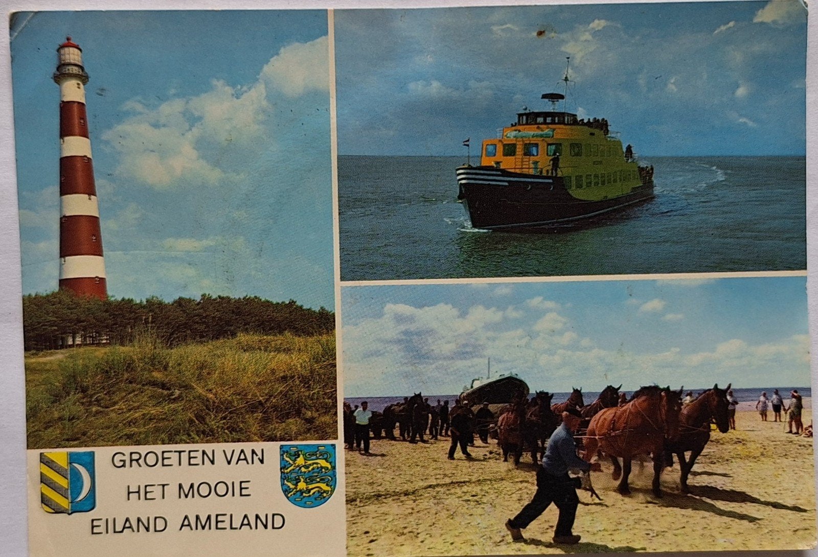 Ansichtkaart Ameland: Vuurtoren, veerboot en paarden, Ophalen of Verzenden, 1980 tot heden, Gelopen, Waddeneilanden