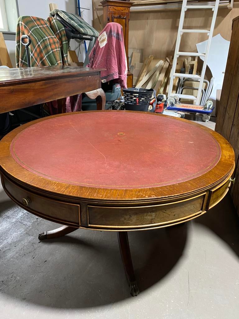 Antieke drumtafel met rode inleg, Ophalen, Gebruikt, Rond, Minder dan 50 cm