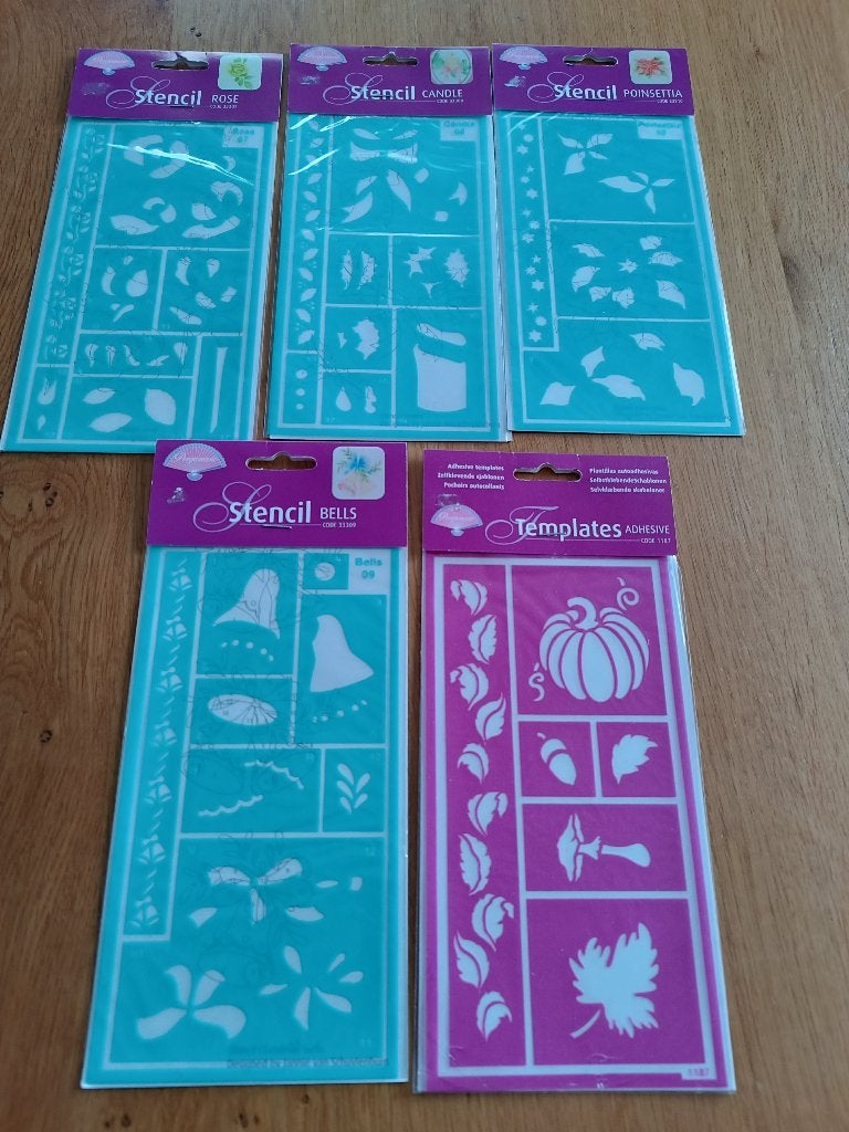 Pergamano 5 stencil's Candle/Rose/Bells/Pompoen/Poinsettia, Ophalen of Verzenden, Nieuw, Overige thema's, Overige typen