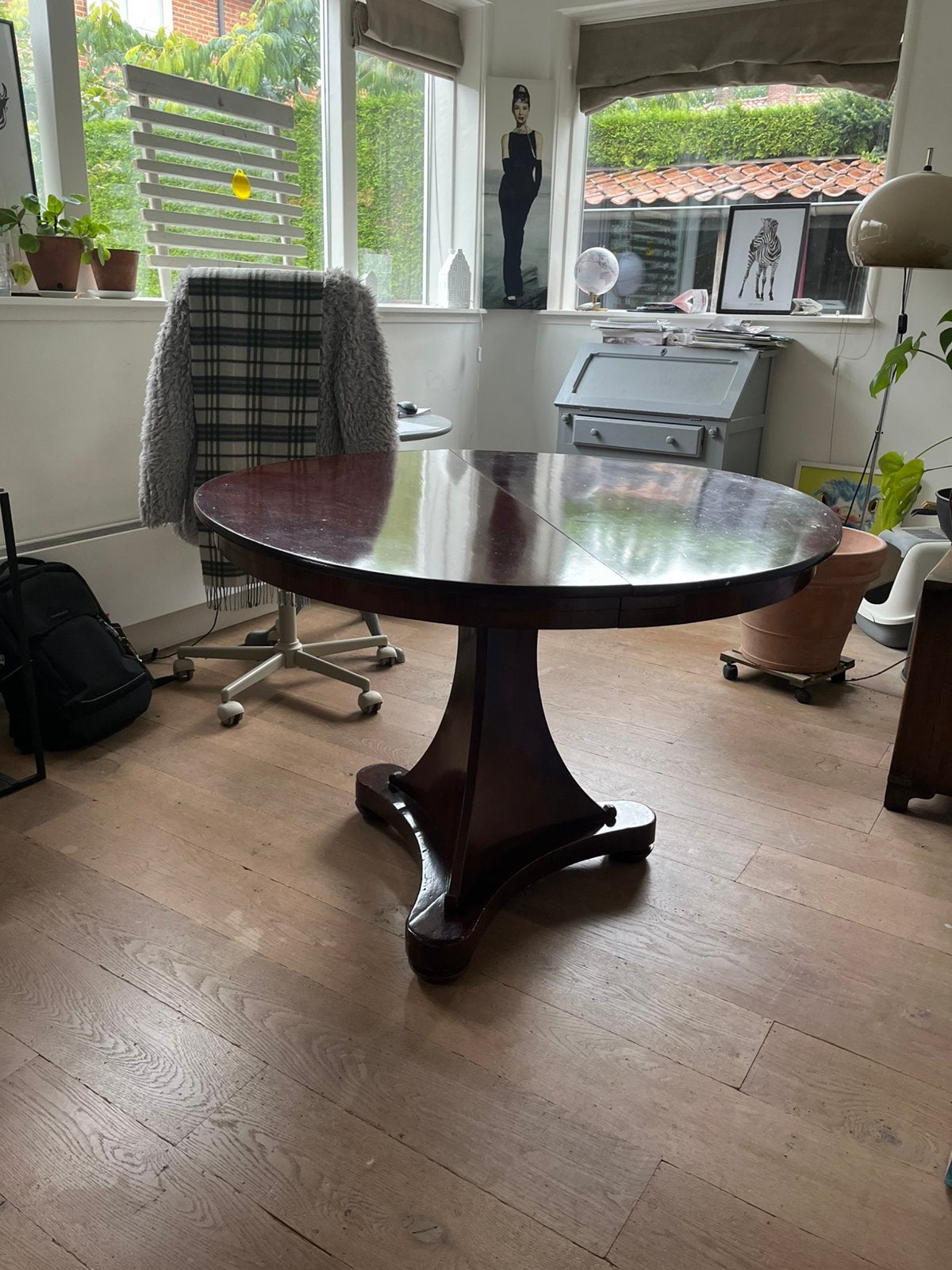 Antieke ronde houten eettafel met met inlegbladen, Ophalen, Gebruikt, Rond, 100 tot 150 cm