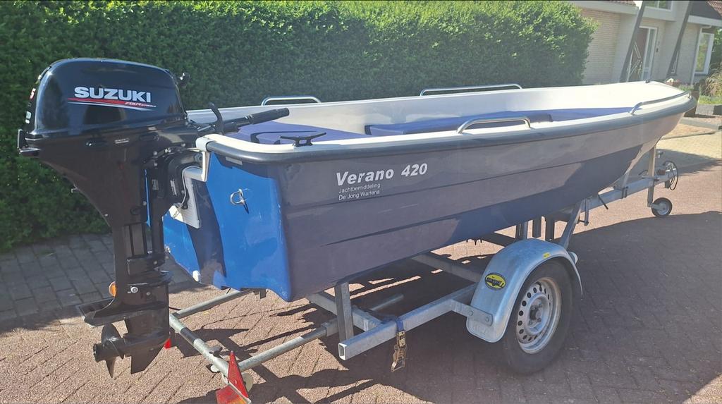 Verano 420 met 20pk Suzuki en kanteltrailer - Zeer nette sta, Ophalen, Gebruikt, 4 m, Viertaktmotor