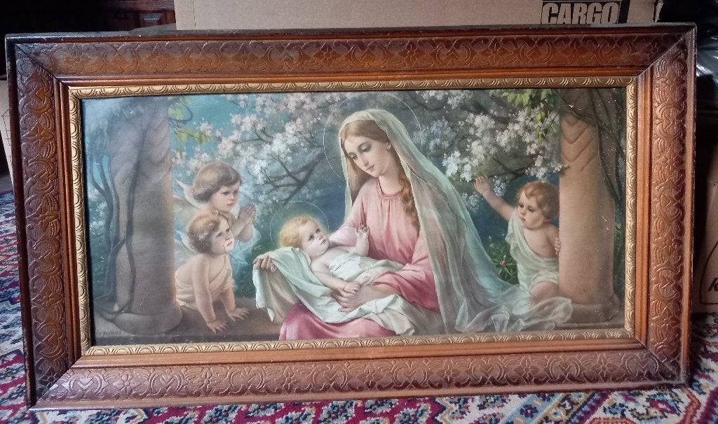 Grote religieuze prent Giovanni: Maria met kind en engelen, Antiek en Kunst, Ophalen