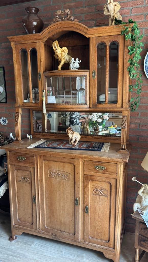 Eikenhouten Antieke kast met spiegel en geslepen glas, Ophalen