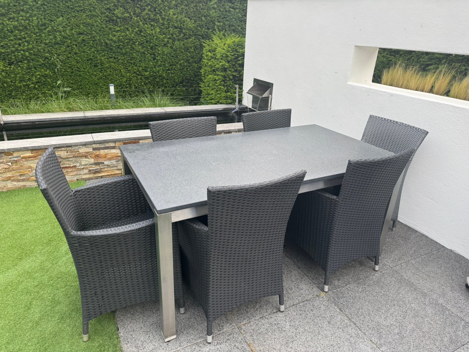 RVS tuintafel Natuurstenen blad 160 x 90 cm 5 wicker stoelen, Tuin en Terras, Ophalen, Gebruikt, 6 zitplaatsen, Rvs