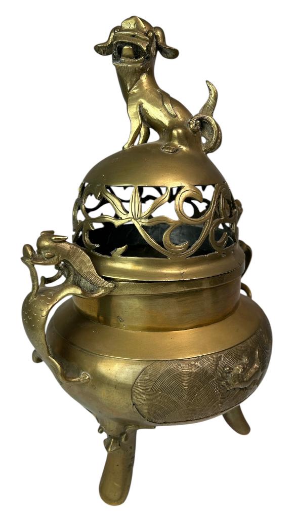 Chinese wierookbrander censer foo dog draken brons messing, Ophalen of Verzenden, Brons