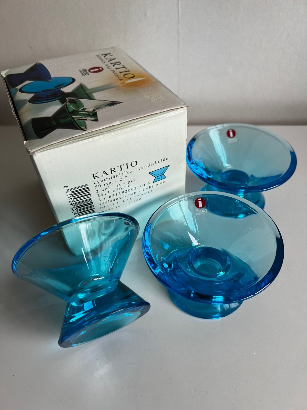 Nieuw 3 Iittala Kartio Kandelaren Light Blue Kaj Franck, Nieuw, Ophalen of Verzenden, Glas, Kandelaar
