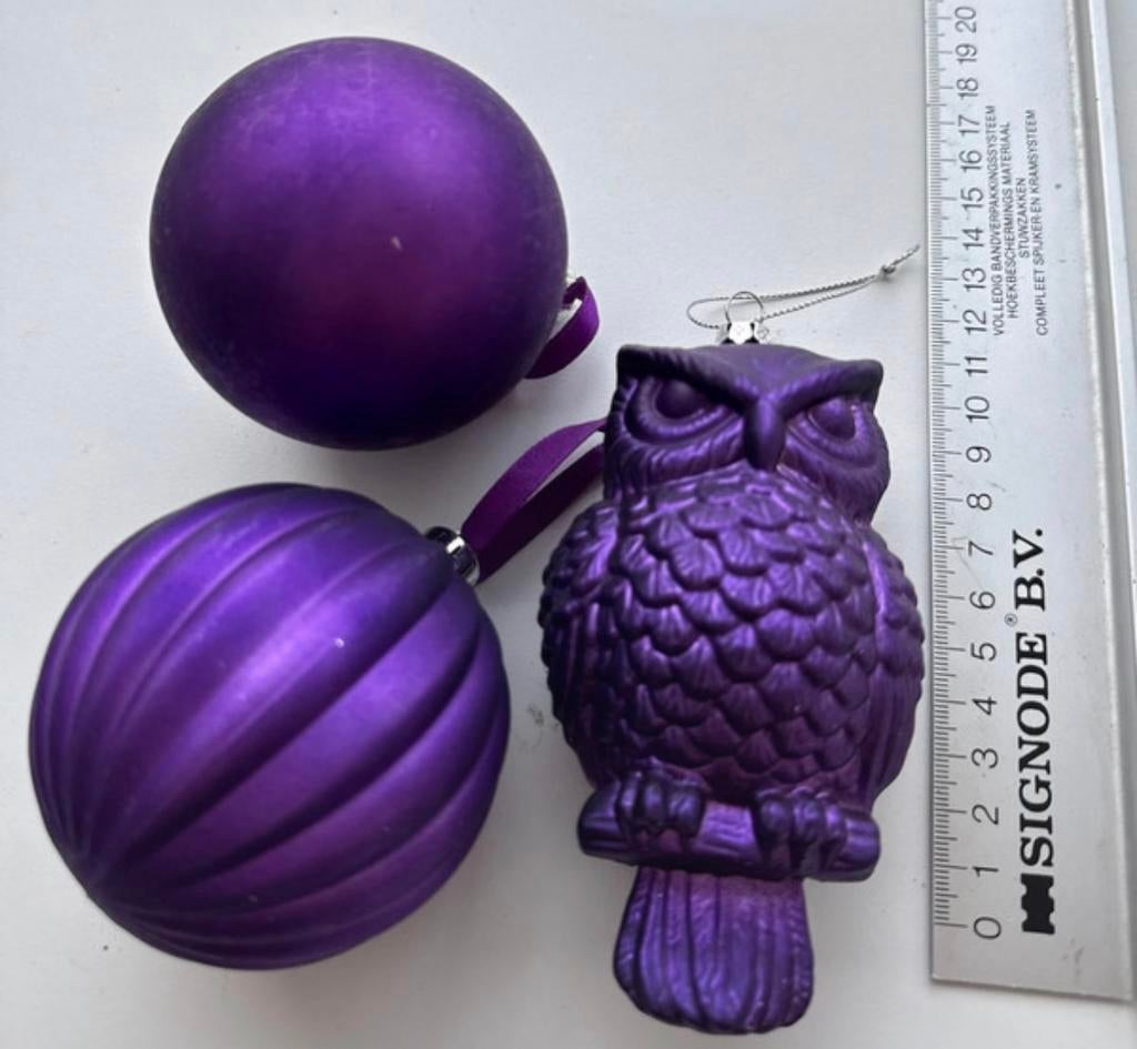 Kerstboomhangers paars, uil en 2 ballen, Diversen, Kerst, Ophalen of Verzenden