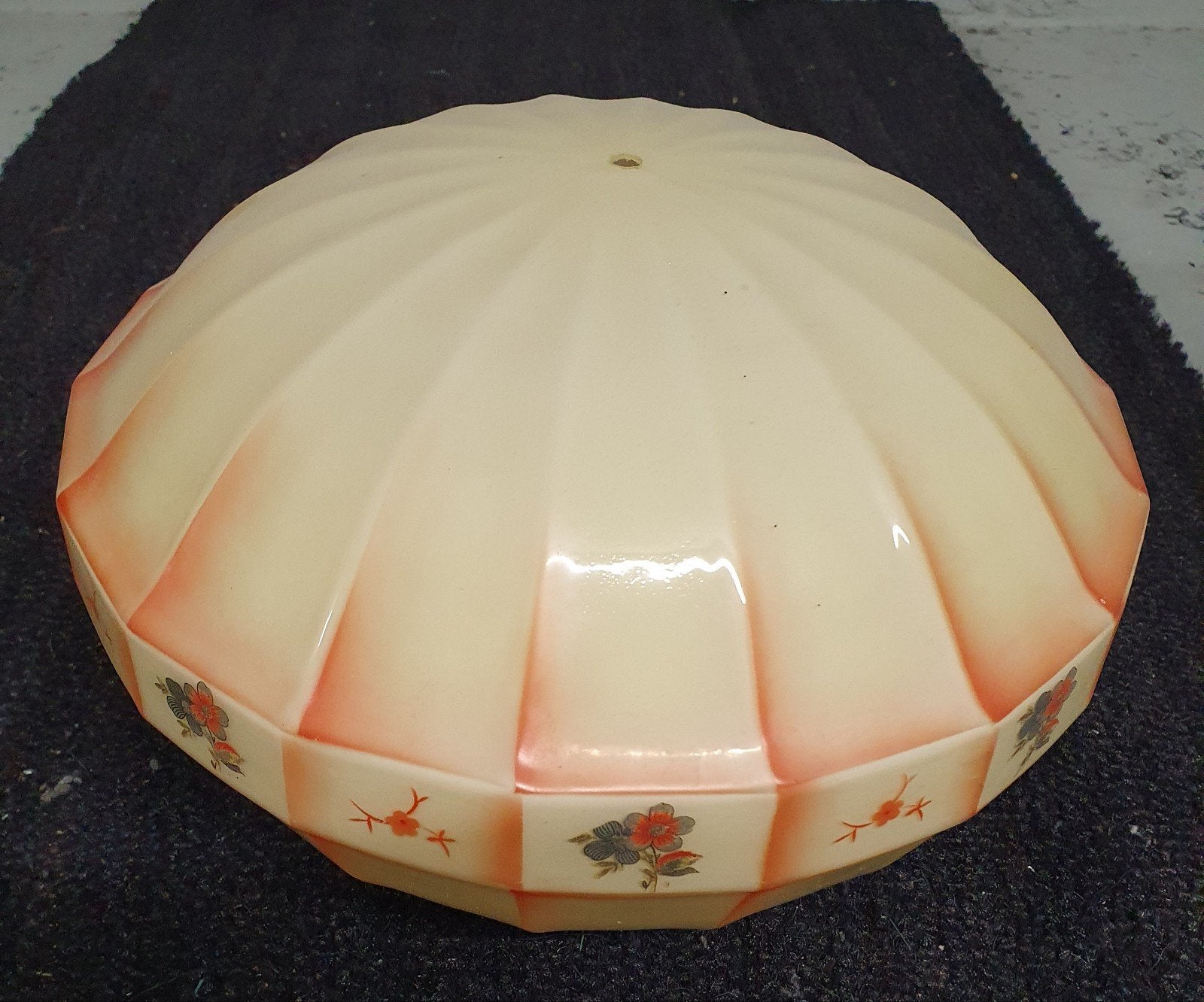 Vintage Plafondlamp Kap - Crème met Bloemmotief, Gebruikt, Rond, Ophalen of Verzenden, Glas