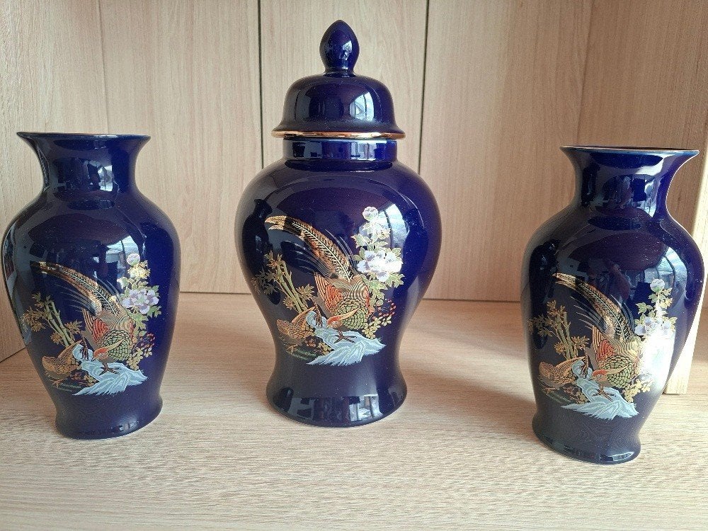 Vintage Kaststel (3-delig) – Kobaltblauw met Gouden Fazant, Antiek en Kunst, Antiek | Porselein, Ophalen