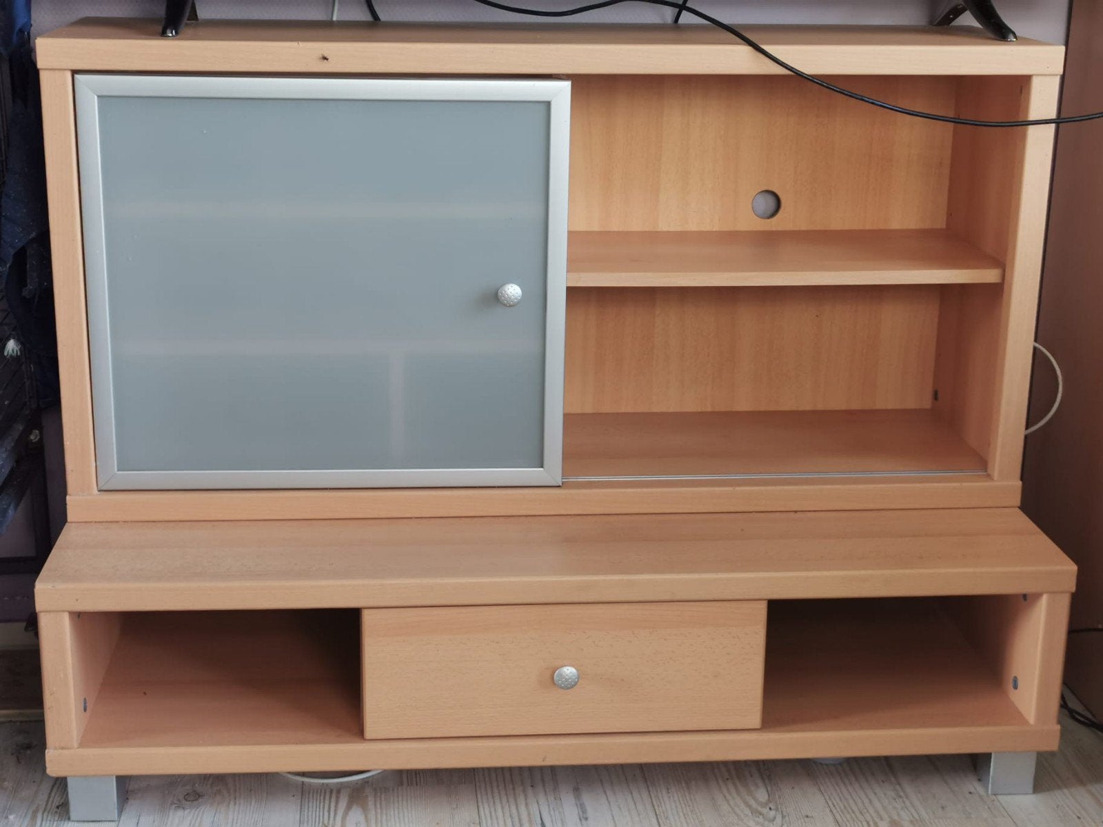 TV-meubel met lade en glazen deur, Ophalen, 100 tot 150 cm, Minder dan 100 cm, Modern