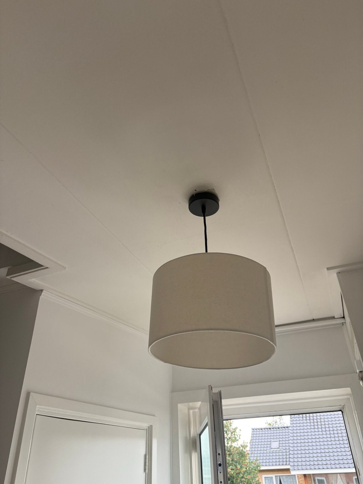 Stijlvolle hanglamp met stoffen kap - Zo goed als nieuw, Ophalen, Zo goed als nieuw, Textiel, E27 (groot)