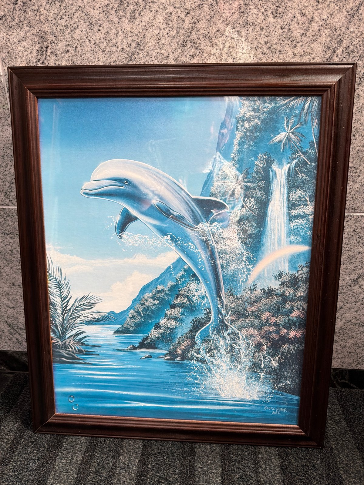 Ingelijste art print/kunstreprod.Dolfijn-Georg Huber (2006), Ophalen, 50 – 75, Minder dan 50 cm, Gebruikt