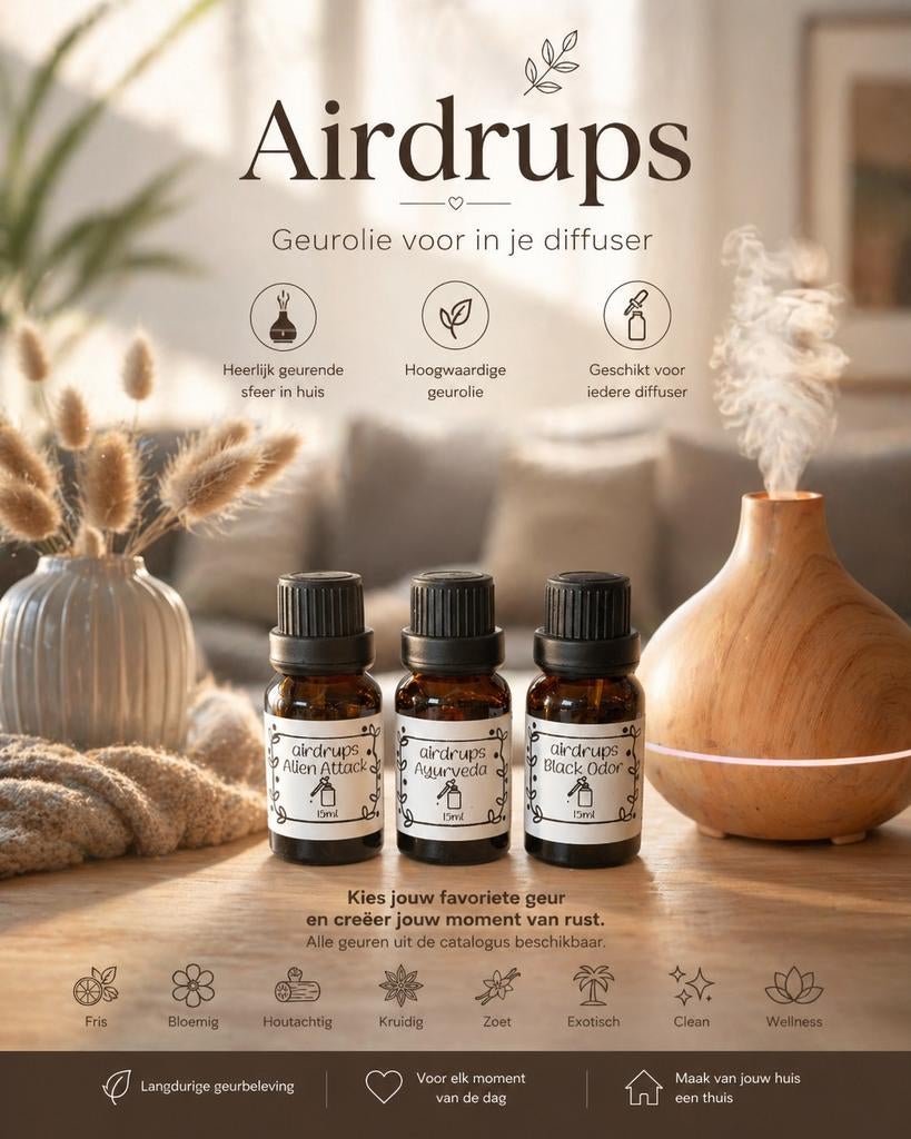 Airdrups Geurolie voor Diffuser - Diverse Geuren, Meerkleurig, Nieuw, Ophalen of Verzenden, Modern