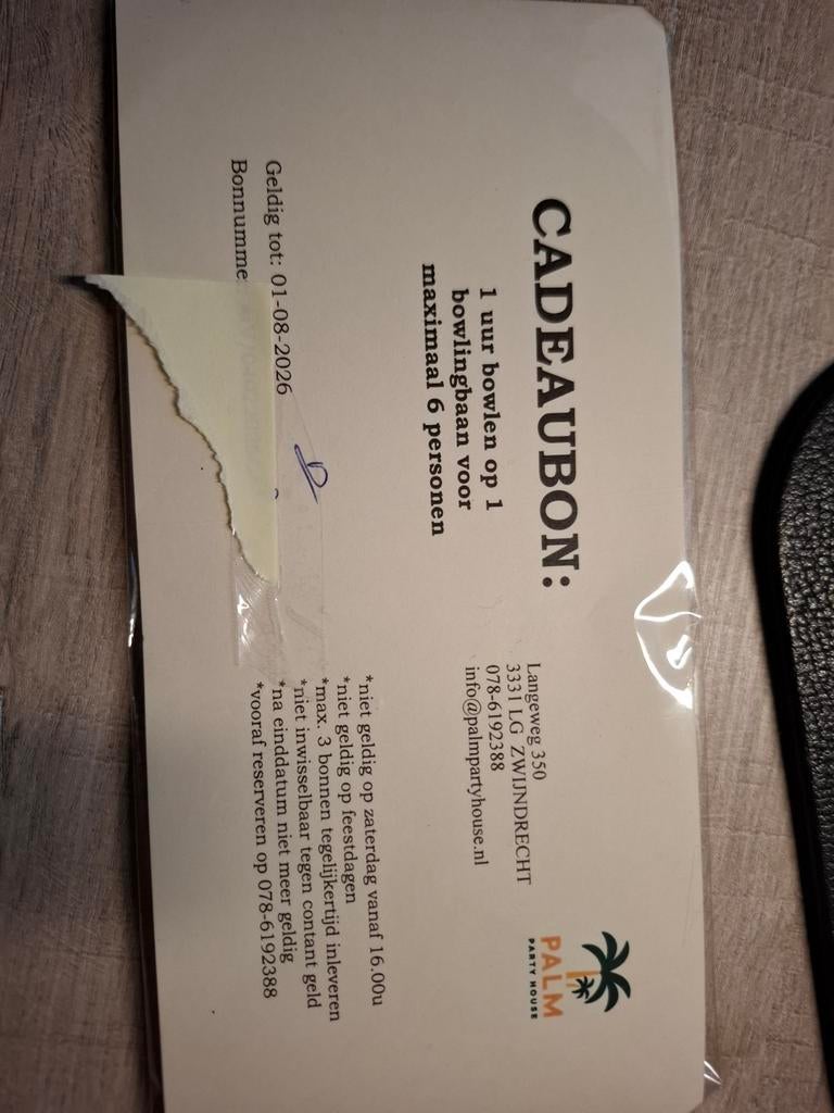 Cadeaubon 1 uur bowlen Palm Zwijndrecht, Tickets en Kaartjes, Drie personen of meer, Cadeaubon