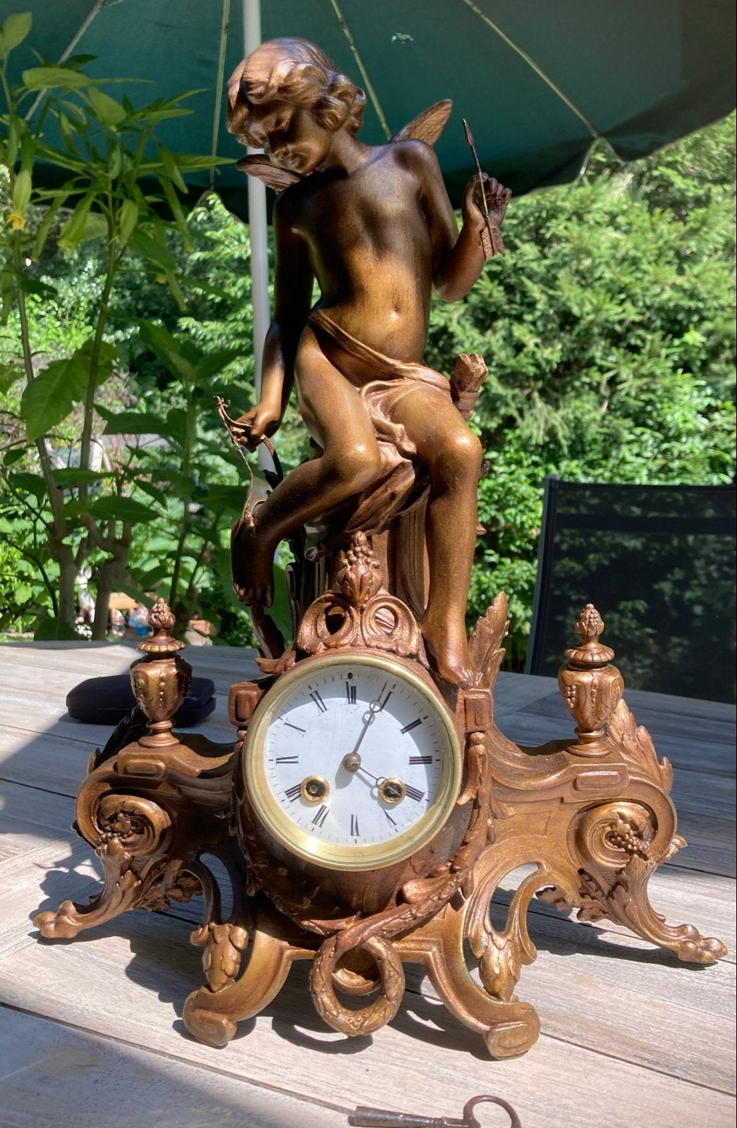 Antieke Franse Pendule met Cupido Beeld - Slaand Uurwerk, Antiek en Kunst, Ophalen of Verzenden