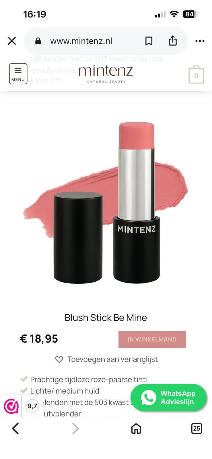 Mintenz blush stick Be mine, Sieraden, Tassen en Uiterlijk, Ophalen, Zo goed als nieuw, Roze, Wangen