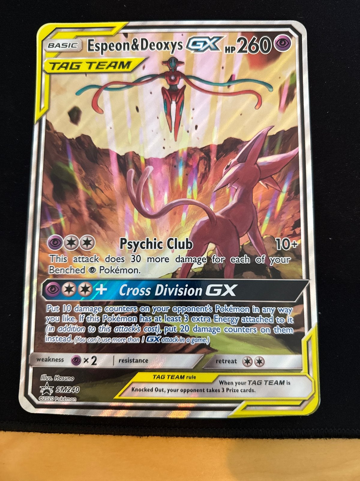 Espeon & Deoxys GX TAG TEAM Pokémon Kaart SM240 oversized, Ophalen of Verzenden, Zo goed als nieuw, Losse kaart, Foil