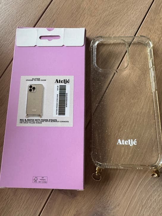Ateljé Glitter iPhone 15 Pro Hoesje met Koord, Kunststof, Met koord, Overige merken, Nieuw