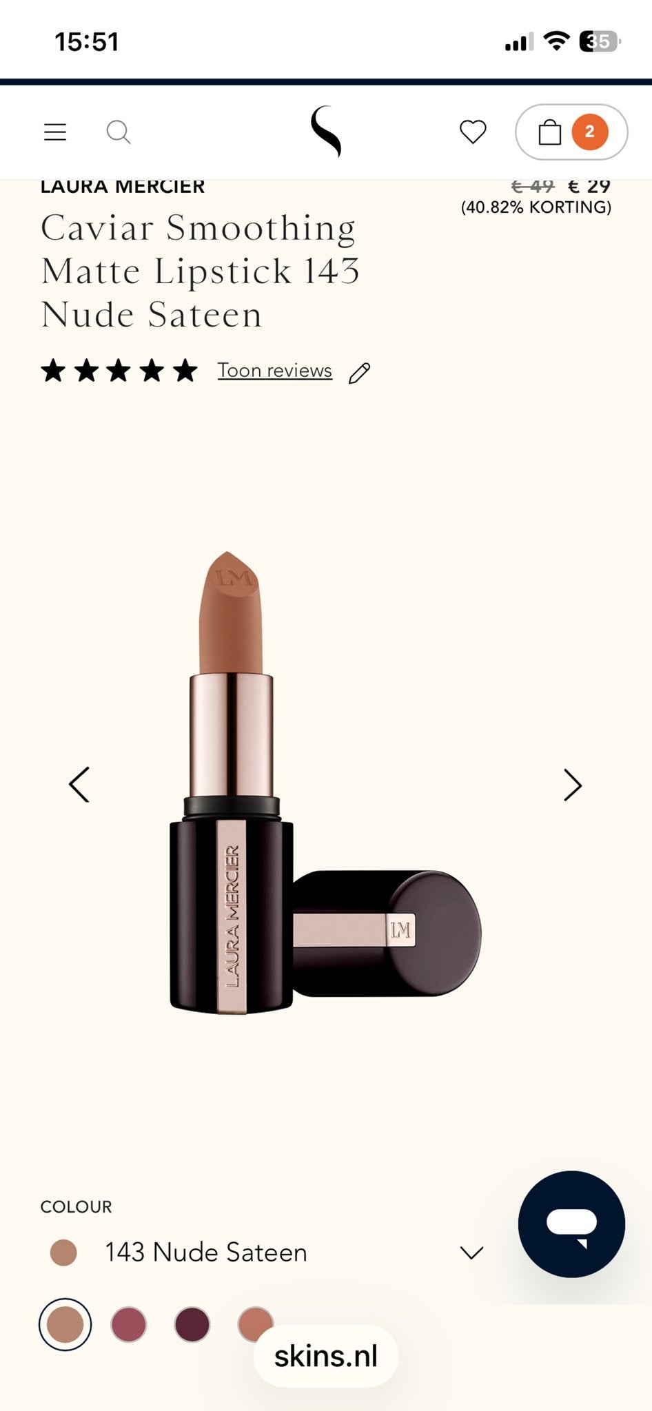 Laura Mercier Caviar Smoothing Matte Lipstick 143 Nude Satee, Lippen, Beige, Ophalen of Verzenden, Zo goed als nieuw