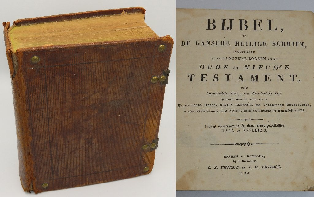 Antieke lederen bijbel uit 1834, door de gebroeders Thieme, Antiek en Kunst, Verzenden, Bijbel