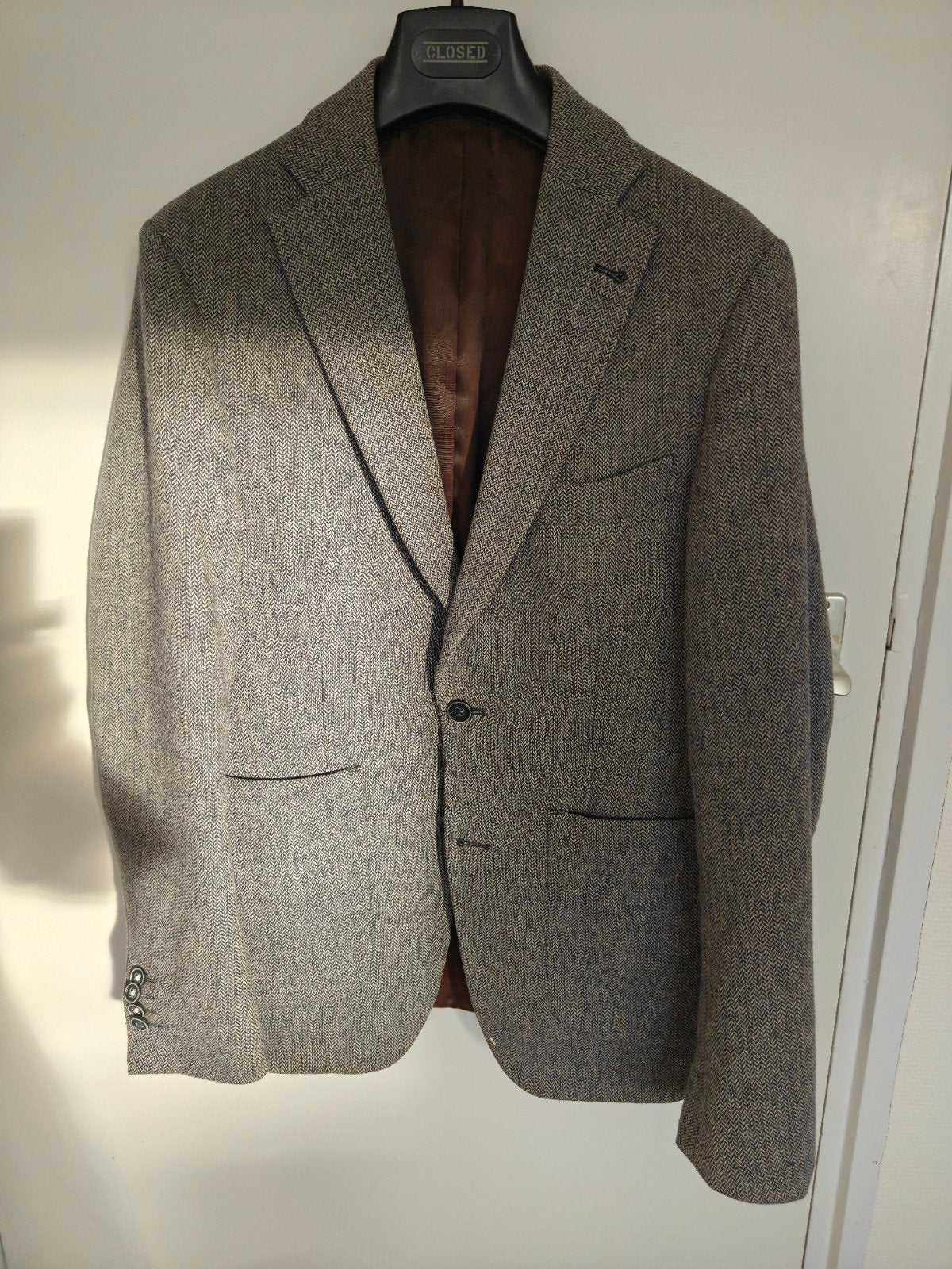 Van Gils Colbert grijsblauw gestreept visgraat maat 44, Kleding | Heren, Kostuums en Colberts, Zo goed als nieuw, Grijs, Maat 46 (S) of kleiner