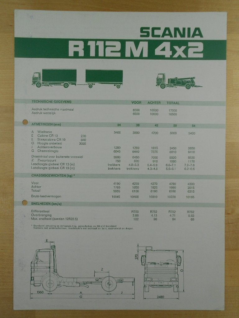 Scania R112 4x2 1981 Technische Specificatie Brochure R 112, Ophalen of Verzenden, Zo goed als nieuw, Overige merken, Scania