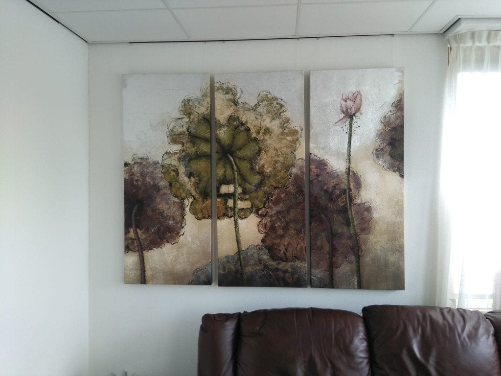 Set van 3 schilderijen met bloemen en planten, Ophalen of Verzenden, Overige materialen, Met textuur, Overige technieken