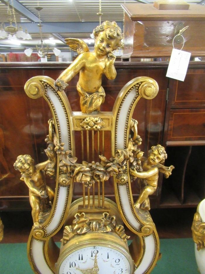 Oer 10552 grote ANTIEKE bronzen lyra pendule met 2 coups, Ophalen