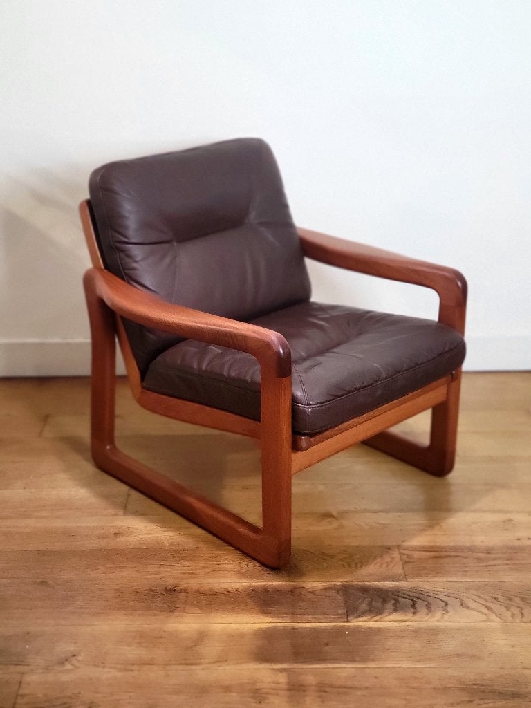 Set van 2 vintage fauteuils van EMC Furiture in teak en leer, Ophalen, Gebruikt, 75 tot 100 cm, Nvt