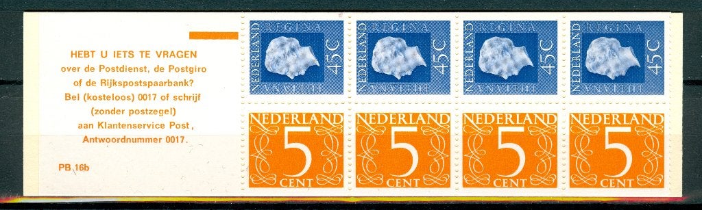 NVPH PB 16b 4 x 5ct v Krimpen + 4 x 45ct Juliana Regina 1975, Postzegels en Munten, Postzegels | Nederland, Ophalen of Verzenden