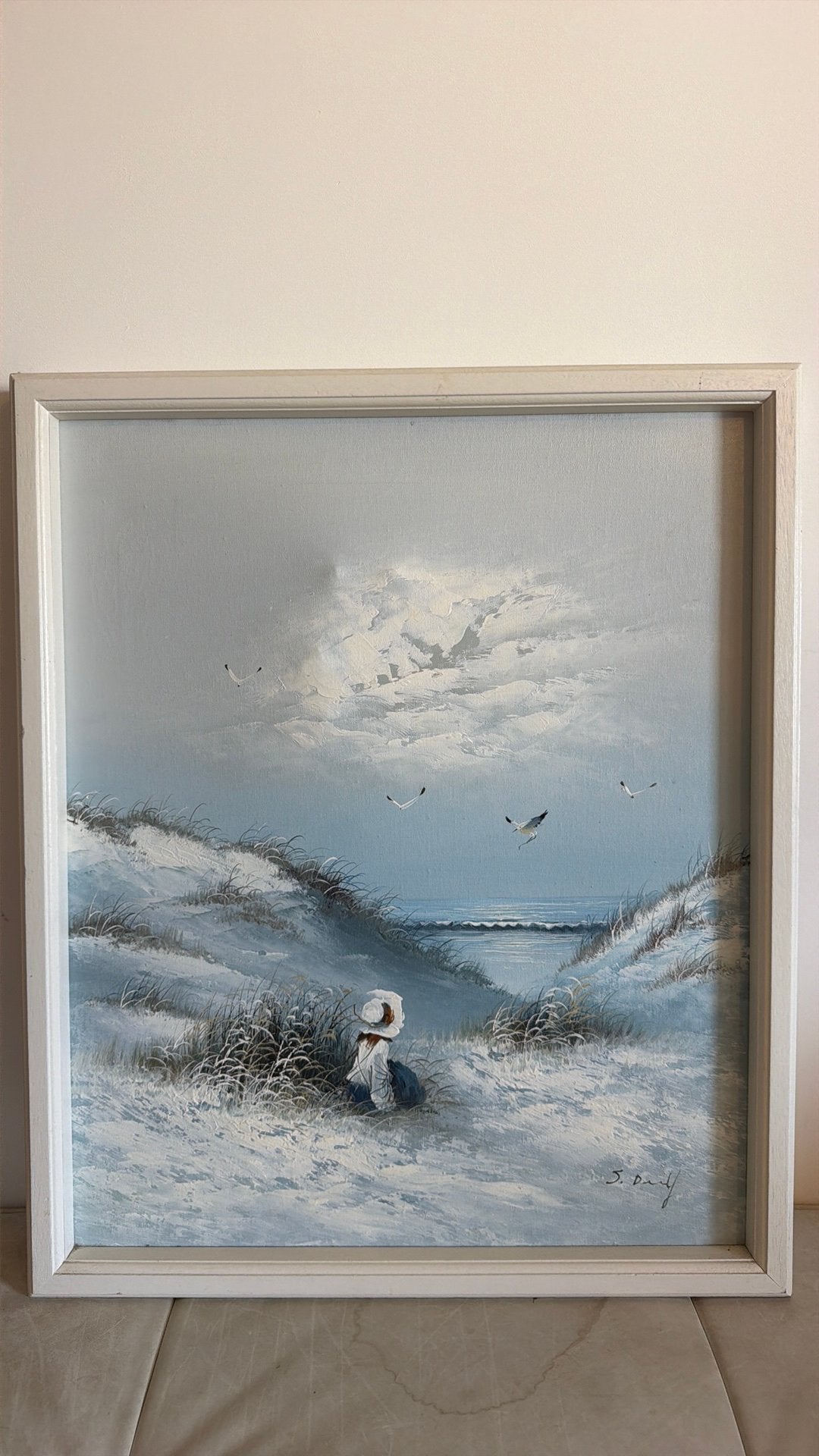 Schilderij duinlandschap met zee en persoon, 57x69cm, Antiek en Kunst, Ophalen, Doek, Realistisch, Gesigneerd