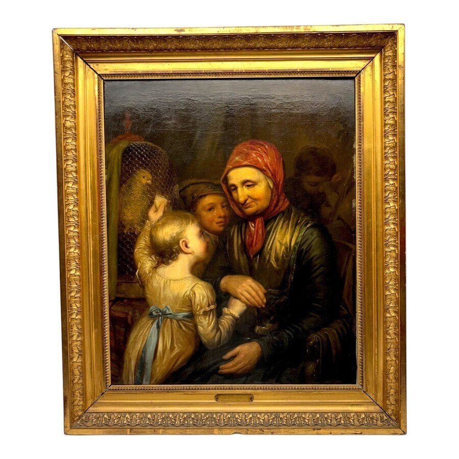 Otto de Boer (1797-1856) - Oma en kinderen bij papegaai, Nederlandse school, Doek, Portret of Personen, Ophalen of Verzenden