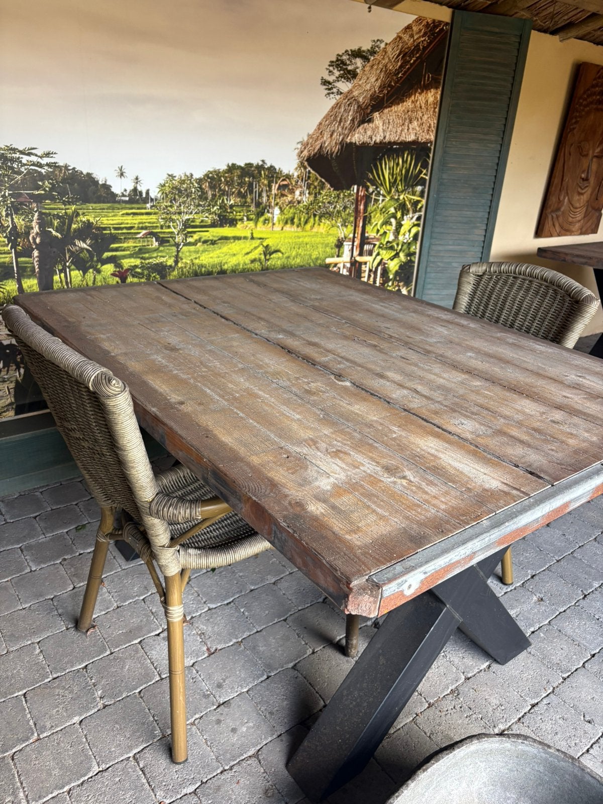 2 Stoere tafels van oud steenschot, Tuin en Terras, Ophalen, Zo goed als nieuw, Rechthoekig, Hout