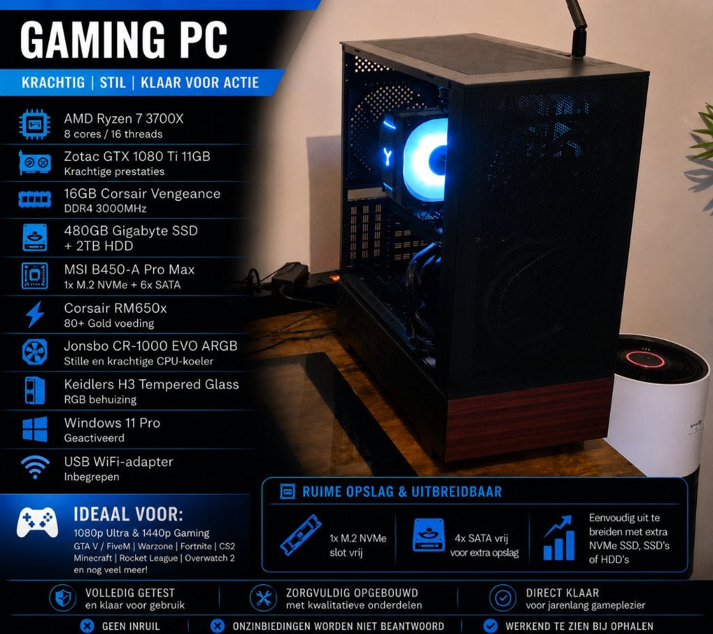 Gaming PC | Ryzen 7 3700X | GTX 1080 Ti 11GB, 2.26TB, Refurbished, Ophalen of Verzenden, AMD Ryzen 7