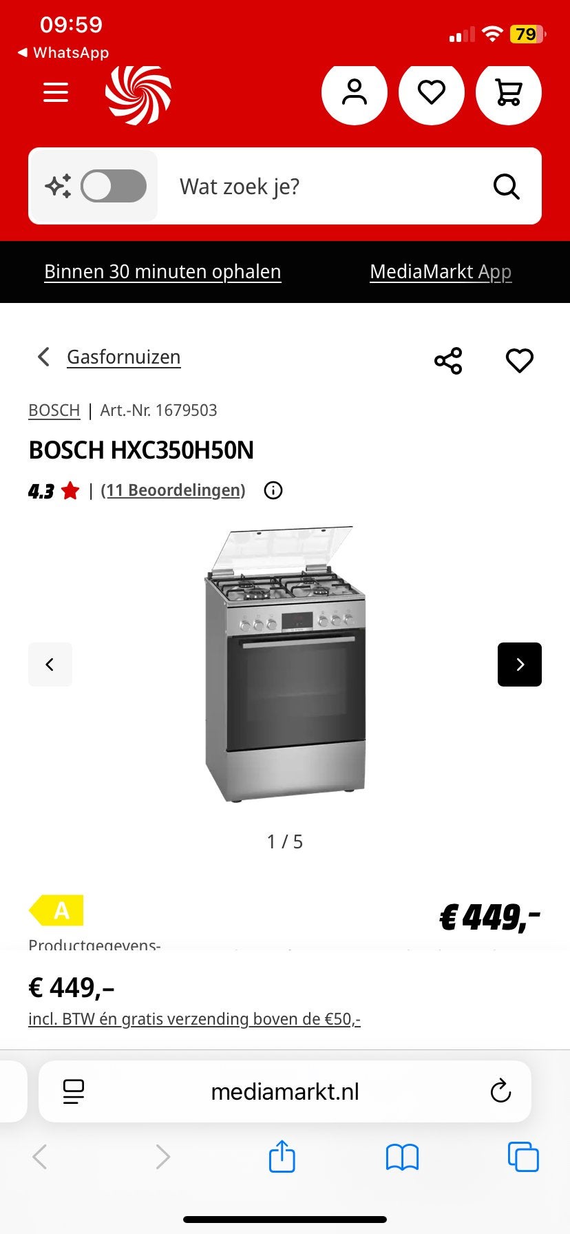 Siemens Vrijstaand Gasfornuis met Oven, Ophalen, Gebruikt, 60 cm of meer, 4 kookzones