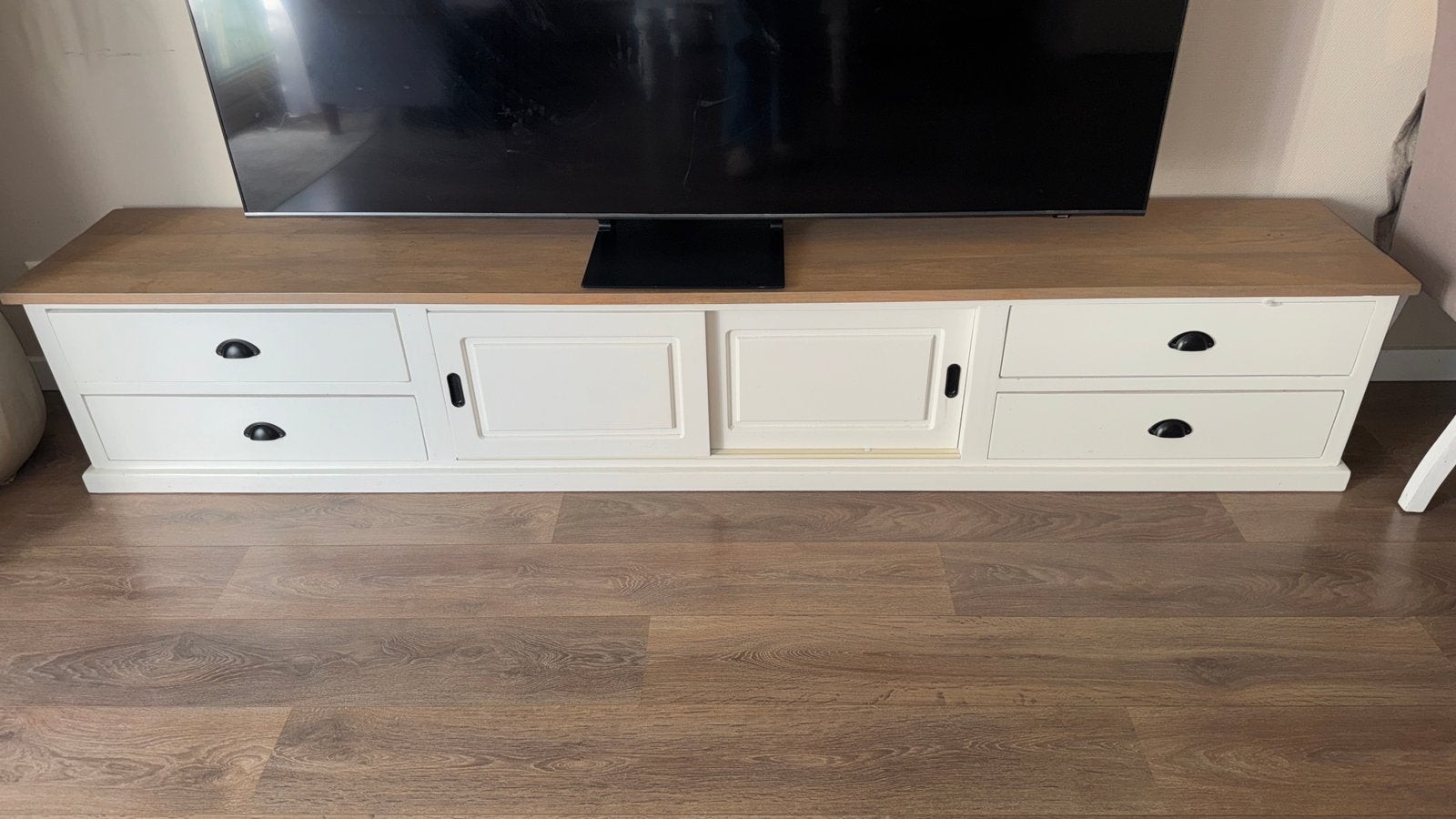 Prachtig maatwerk tv-meubel 250 cm – eikenhouten blad, Ophalen, Gebruikt, Eikenhout, Landelijk