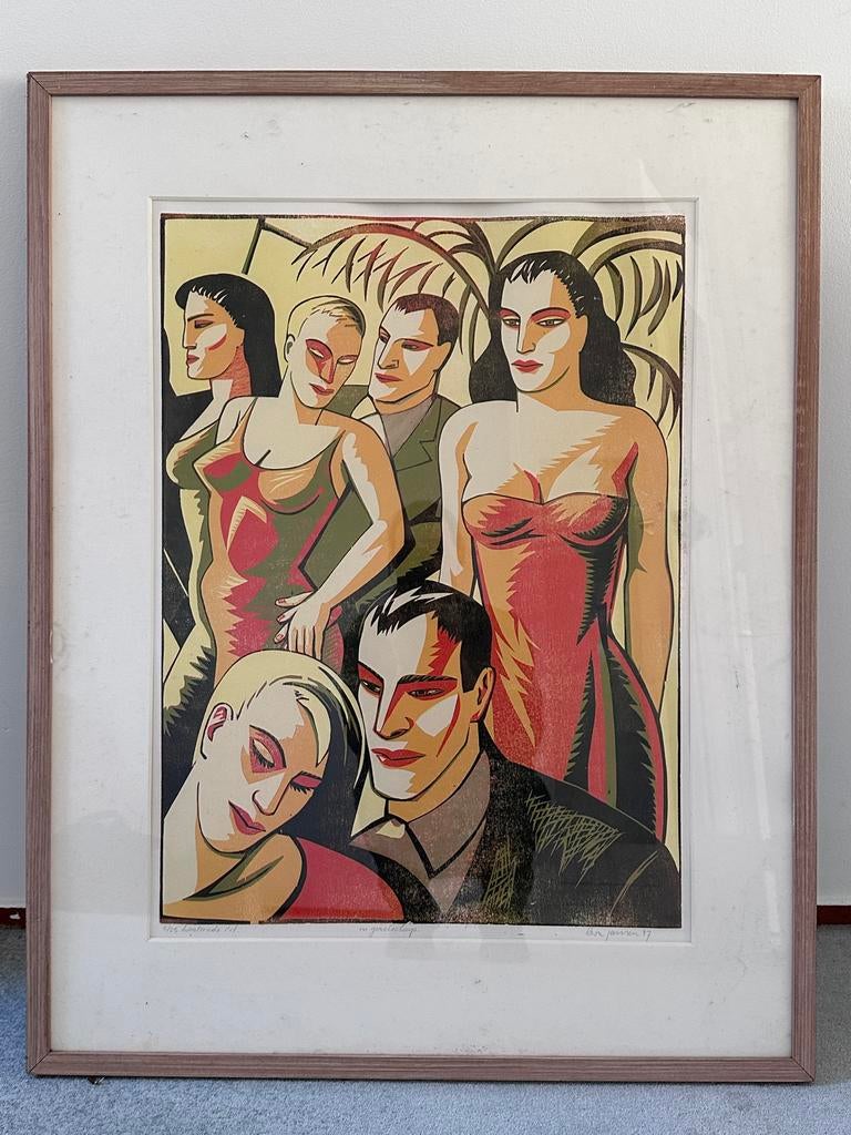 Grote Houtsnede 'In gezelschap' door Leon Janssen 1987, Antiek en Kunst, Ophalen