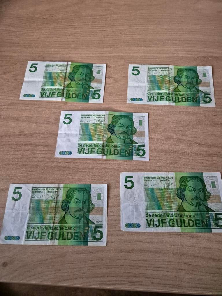 5x Vijf Gulden biljetten - Nederland 1973, Ophalen of Verzenden, 5 gulden, Setje