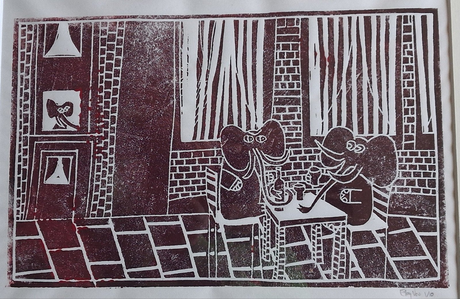 2 olifanten op terras. Vos. Linosnede. 51/41 cm., Antiek en Kunst, 2000 tot heden, Ingelijst, Overige technieken, 41 cm