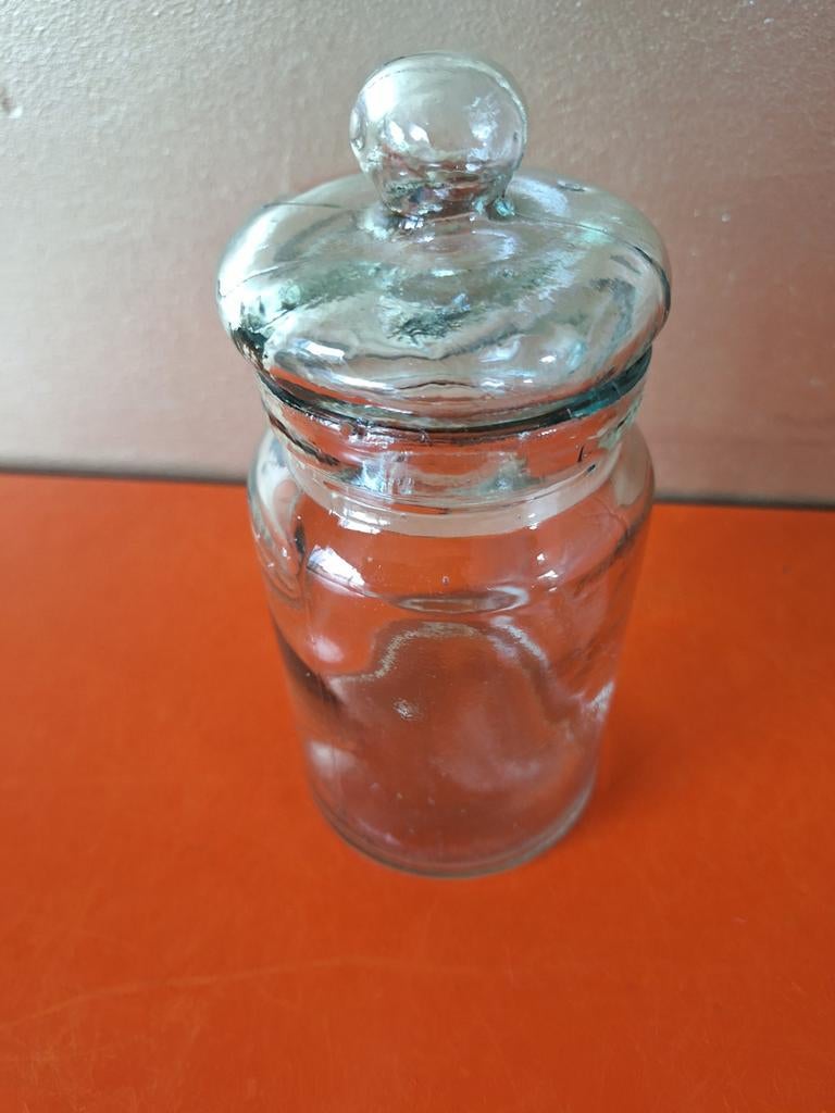 Oude glazen snoeppot, voorraadpot met glazen deksell, Ophalen of Verzenden
