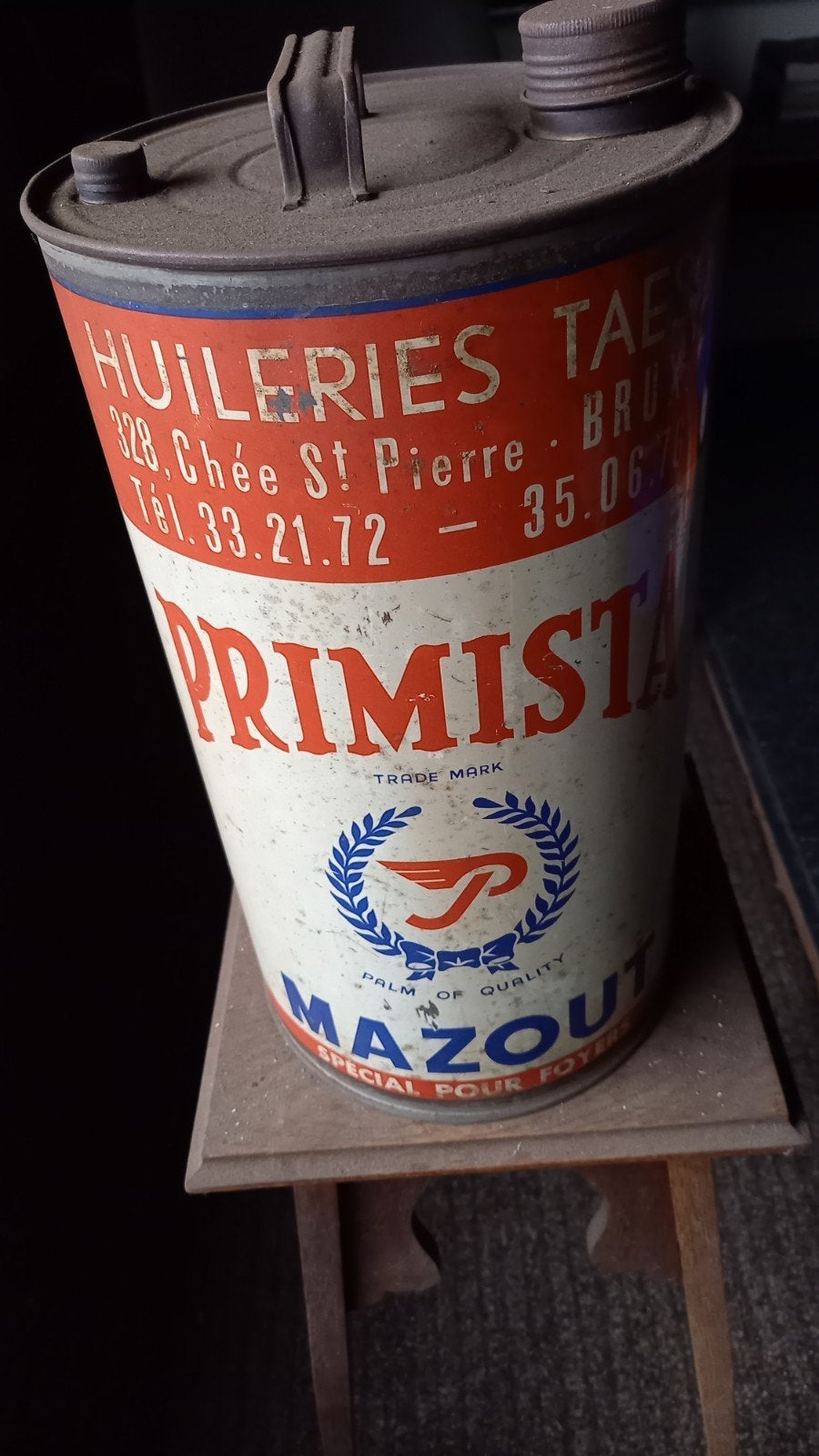 Vintage Primista Mazout 10L blik - Hulieries Taes Brussel, Ophalen